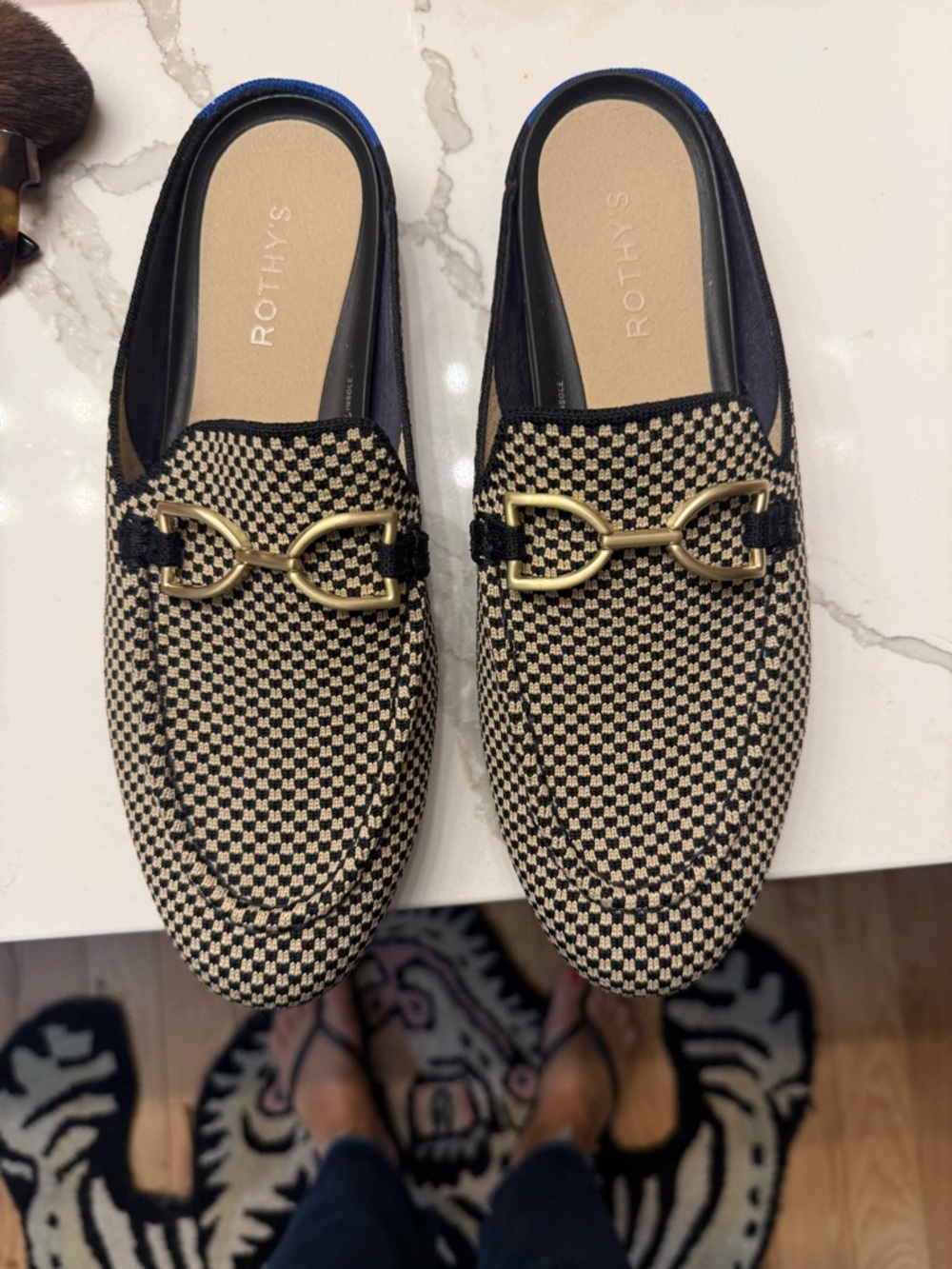 Rothy's womens Black and Cream Checkered Slip-On Loafers with Gold Horsebit
